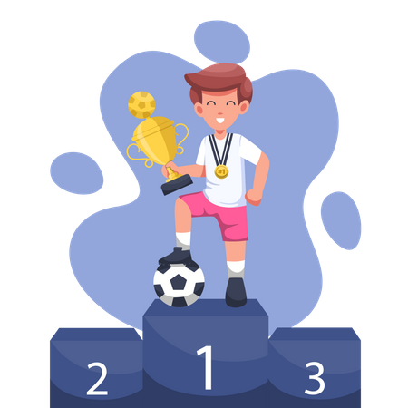 Athlete male soccer league with trophies on first position podium Illustration