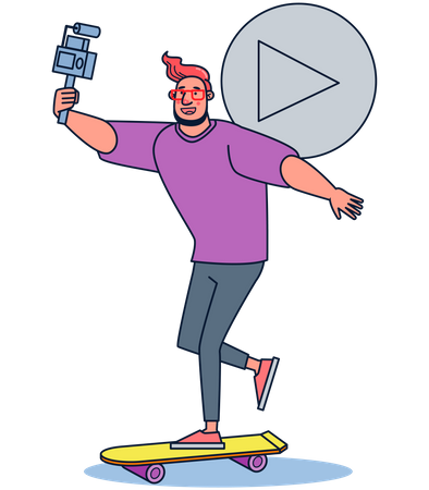 Athlète masculin faisant un vlog en faisant du skateboard  Illustration