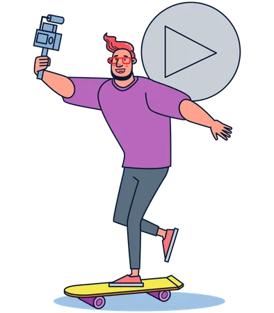 Athlète masculin faisant un vlog en faisant du skateboard  Illustration