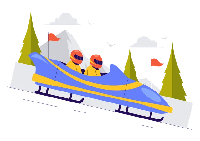 Athlete Riding A Bobsleigh On A Snow Covered Icy Track  Illustration