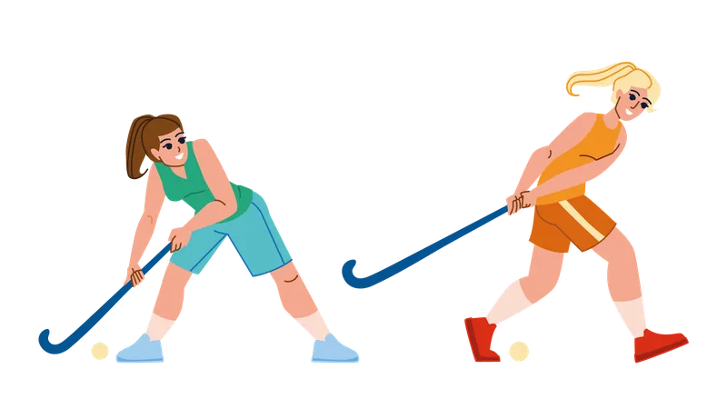 Field Hockey Vector Ball Sport Grass Competition Game Stick Action Pitch Stadium Team Turf Player Field Hockey Character People Flat Cartoon Illustration Illustration