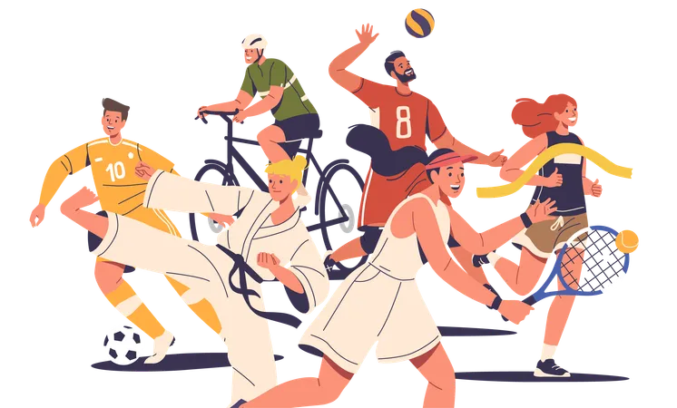 Athletes Of Summer Sports Male And Female Characters Soccer Or Basketball Player Runner Karate Tennis Or Bicyclist Embody Strength Agility And Endurance With Vibrant Energy Vector Illustration Illustration