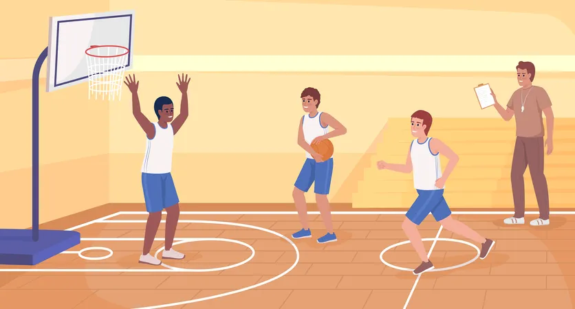 Athletic boys playing basketball in team  Illustration