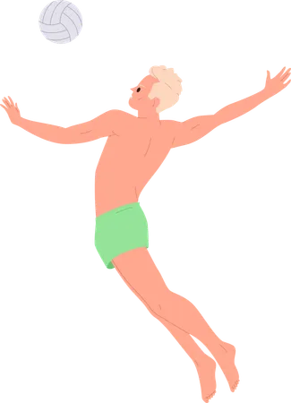 Athletic man in swimwear playing volleyball while hitting ball with jumping high  Illustration