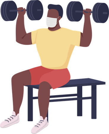 Athletic man lifting dumbbells during covid  Illustration