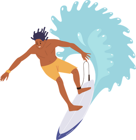 Athletic sportsman character riding high speed on surfboard through huge sea ocean wave  Illustration