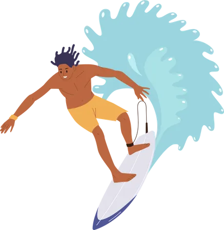Athletic Sportsman Cartoon Character Riding High Speed On Surfboard Through Huge Sea Ocean Wave Summer Vacation Recreation Time Tropical Travel Extreme Adventure And Active Rest At Seaside Illustration