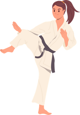 Athletic taekwondo sportswoman in kimono presenting strength and skills on sportive training  Illustration