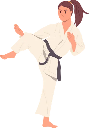 Athletic taekwondo sportswoman in kimono presenting strength and skills on sportive training  Illustration