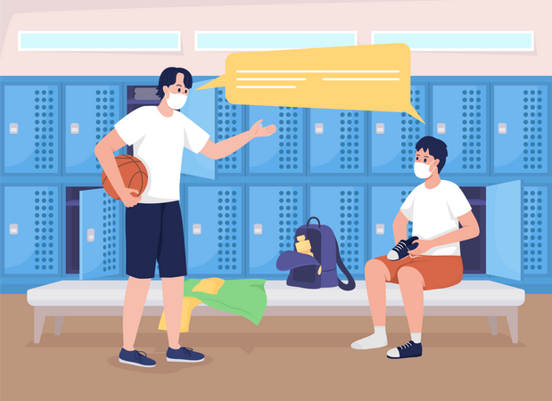 Athletics wearing mask in locker room  Illustration