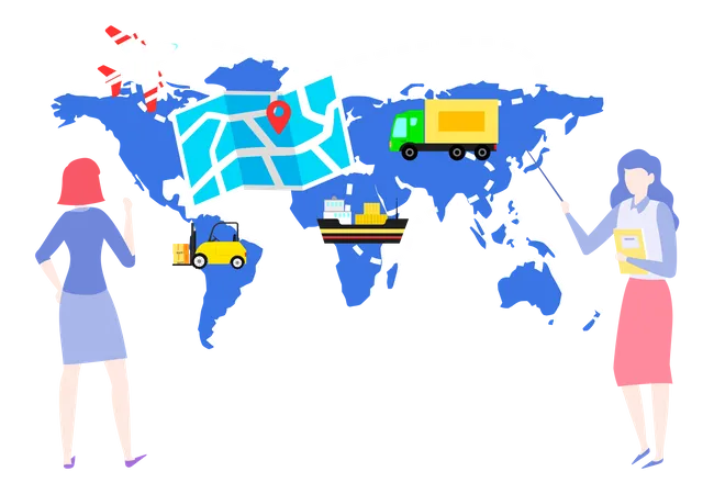 Conceito De Servico De Entrega De Correio Postal Internacional Mulheres Estudando Mapa De Destino As Senhoras Trabalham Em Conjunto Com O Mapa Mundial Para Entrega Em Todo O Mundo Funcionarios Planejando Rota De Envio Transporte Ilustração