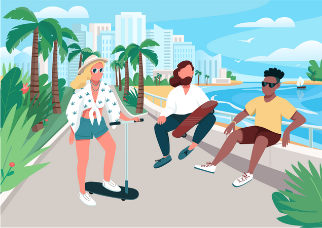 Atividade de verão de homens e mulheres jovens  Ilustração