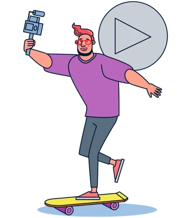 Atleta masculino fazendo vlog enquanto anda de skate  Ilustração