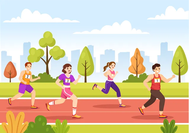 Atletas corriendo en carrera de maratón  Ilustración