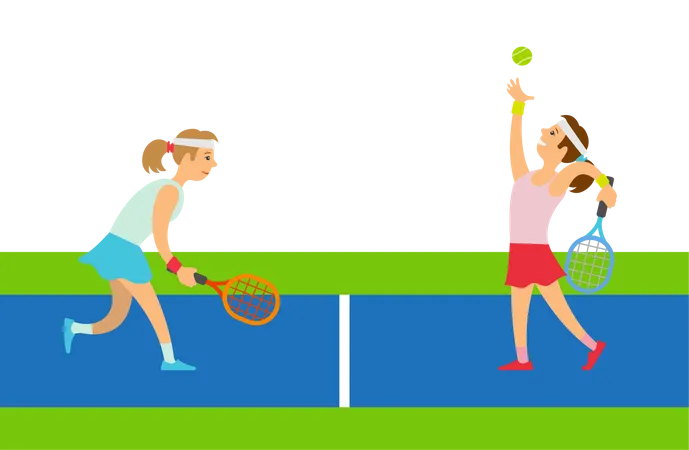 Atletas jogando tênis na quadra de tênis  Ilustração