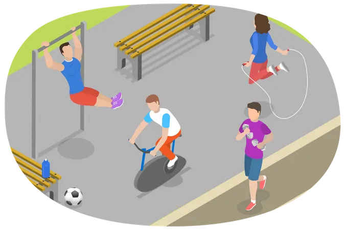 Ilustracao Conceitual De Vetor Plano Isometrico 3 D De Exercicios Ao Ar Livre Atividades Atleticas No Parque Ilustração