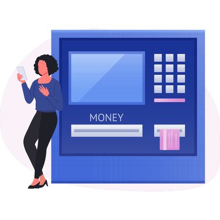ATM の近くに立っている女性  イラスト