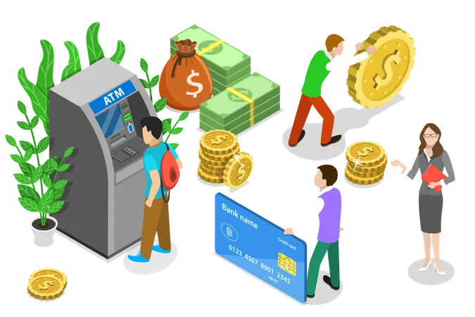 Isometric Flat Vector Concept Of ATM Bank Card Automated Teller Machine Getting Cash Illustration