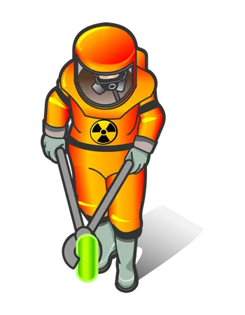 Atomarbeiter hält radioaktives Objekt mit Feuerzange  Illustration