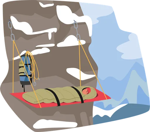 Atrevido personaje escalador de montaña duerme en una cama colgante  Ilustración