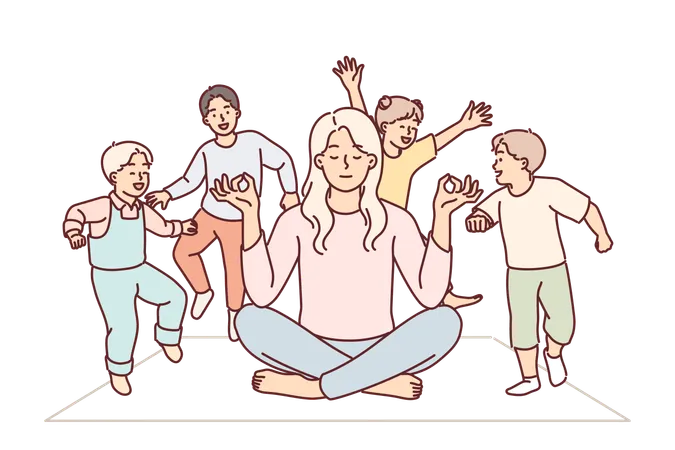 Attention Deficit Children Jump Around Meditating Mother Because Of Hyperactivity Disorder And Desire To Play Woman Meditating Doing Yoga And Resting Due To Child Rearing Fatigue Illustration