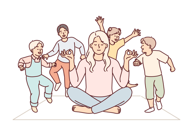 Attention deficit children jump around meditating mother because of hyperactivity disorder  Illustration