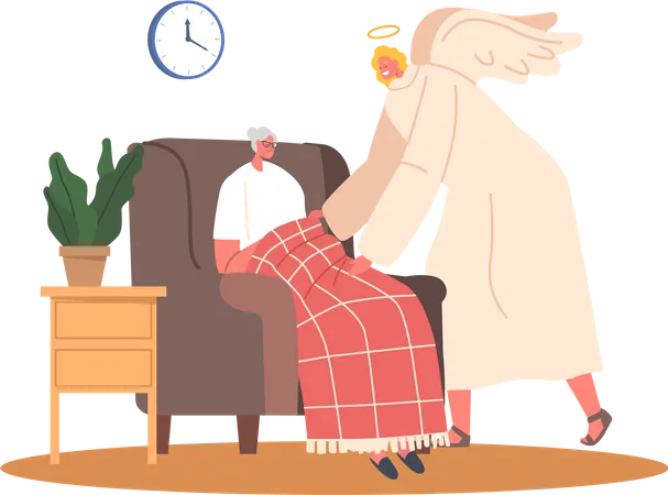 Attentive Angel Guardian Character Providing Compassionate Care And Companionship To Elderly Woman In The Comfort Of Her Home Covering Her With Plaid Cartoon People Vector Illustration イラスト