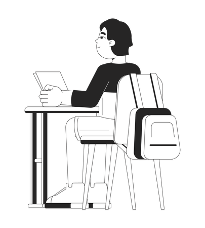 Attentive asian schoolboy sitting at desk  Illustration