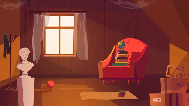 Attic Room Interior Concept In Flat Cartoon Design Abandoned Apartment With Window Spider Web At Walls And Other Things Vector Illustration Background 일러스트레이션