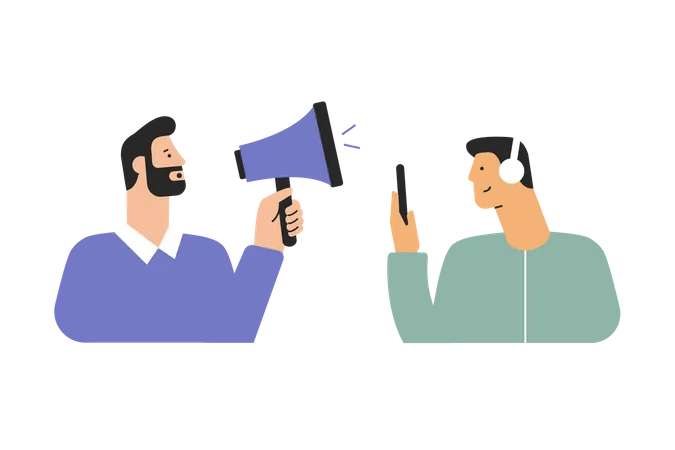 Cartoon Character Yells Into A Rupor To A Character Wearing Headphones Vector Illustration In Flat Design Style Illustration