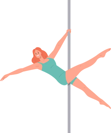 Attractive fitness woman pole dancer character in sportswear hanging on pylon  Illustration
