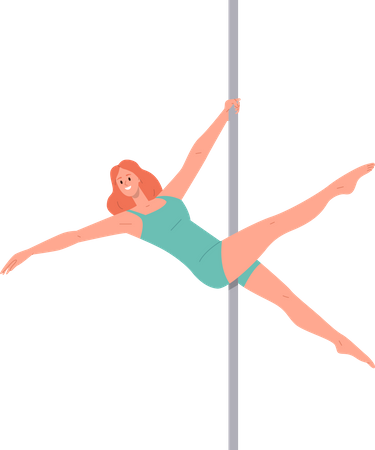 Attractive fitness woman pole dancer character in sportswear hanging on pylon  Illustration