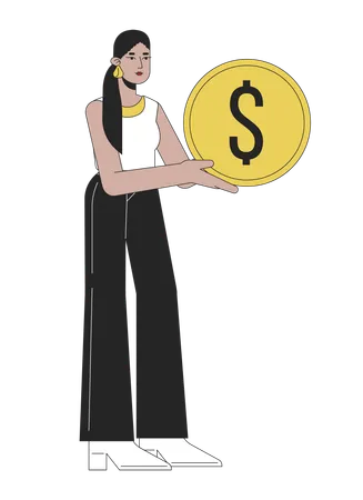 Attractive Latina Woman Holding Golden Coin Flat Line Color Vector Character Editable Outline Full Body Person Saving Money On White Simple Cartoon Spot Illustration For Web Graphic Design Illustration