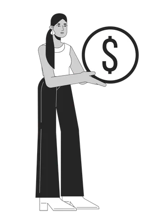 Attractive Latina Woman Holding Golden Coin Flat Line Black White Vector Character Editable Outline Full Body Person Saving Money Simple Cartoon Isolated Spot Illustration For Web Graphic Design Illustration
