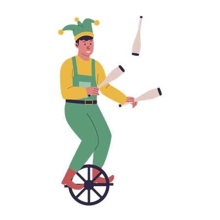 Attractive male clown juggling on bicycle  Illustration