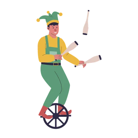 Attractive male clown juggling on bicycle  Illustration
