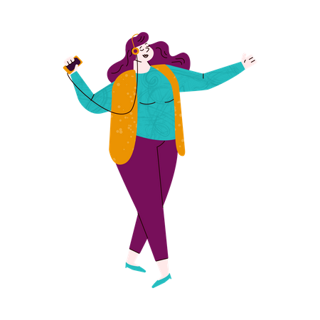 Attractive overweight woman dances while listening music using mobile phone app and headphones Illustration