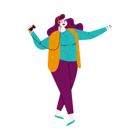 Attractive overweight woman dances while listening music using mobile phone app and headphones  Illustration