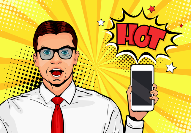 Attractive smiling man with phone in the hand in comic style. Pop art vector illustration in retro comic style. Digital advertisement male model showing the message or new app on cellphone  Illustration