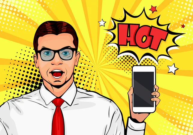 Attractive smiling man with phone in the hand in comic style. Pop art vector illustration in retro comic style. Digital advertisement male model showing the message or new app on cellphone Illustration