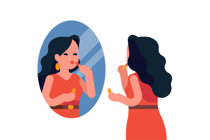 Attractive woman in red dress applies make up looking at herself in the mirror  Illustration