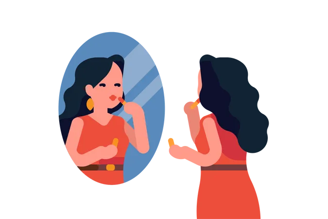 Attractive woman in red dress applies make up looking at herself in the mirror  Illustration