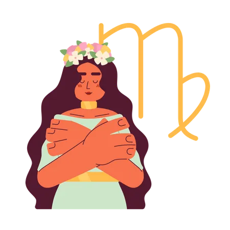 Virgo Zodiac Sign Flat Concept Vector Spot Illustration Attractive Woman In Wreath Hugging Shoulders 2 D Cartoon Character On White For Web UI Design Astrology Isolated Editable Creative Hero Image Illustration