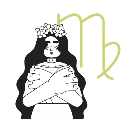 Virgo Zodiac Sign Monochrome Concept Vector Spot Illustration Woman In Wreath Hugging Shoulders 2 D Flat Bw Cartoon Character For Web UI Design Astrology Isolated Editable Hand Drawn Hero Image Illustration