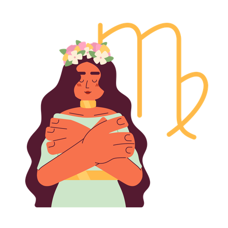 Attractive woman in wreath hugging shoulders  Illustration