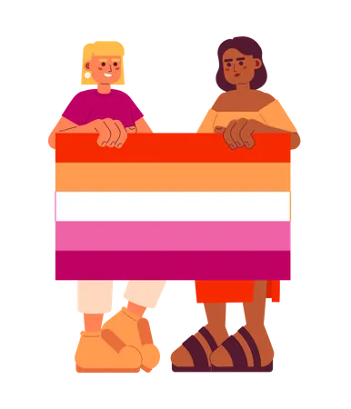 Attractive Women Hold Lesbian Pride Flag Semi Flat Color Vector Characters Editable Full Body People Support Lgbt Lesbian Community On White Simple Cartoon Spot Illustration For Web Graphic Design Illustration