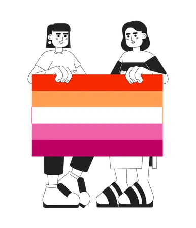 Attractive Women Hold Lesbian Pride Flag Monochromatic Flat Vector Characters Editable Thin Line Full Body People Support Lgbt Community On White Simple Bw Cartoon Spot Image For Web Graphic Design Illustration