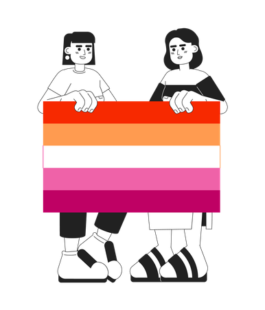 Attractive women hold lesbian pride flag  Illustration