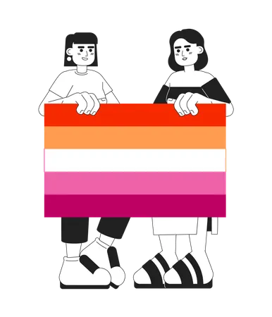 Attractive women hold lesbian pride flag  Illustration