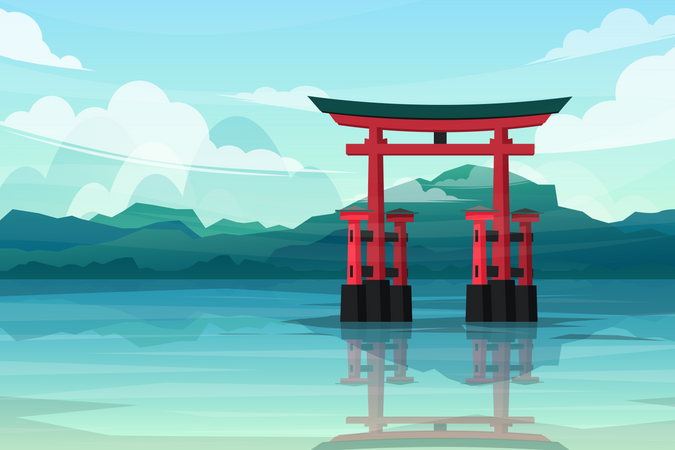 Au bord du lac avec portes torii au Japon  Illustration